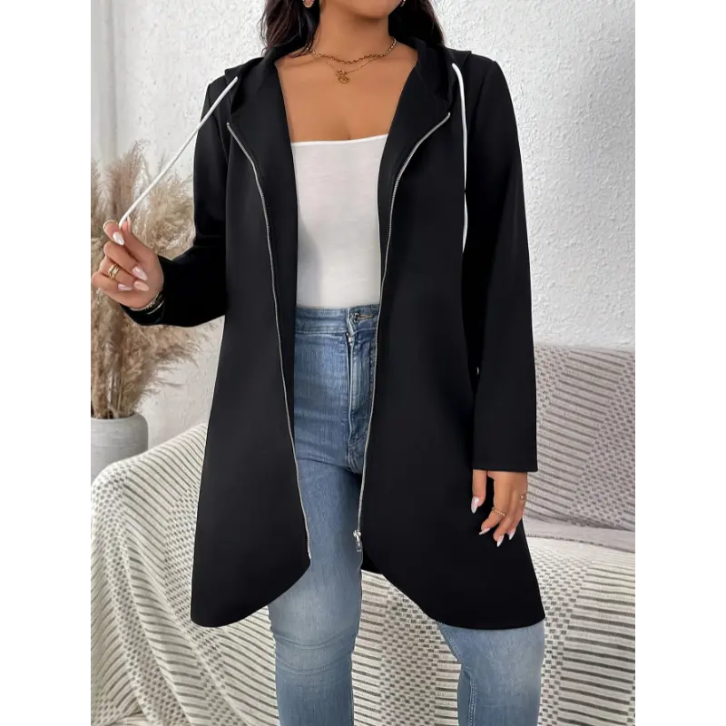 Plus Size Long Sleeve Hooded Parka Coat, Water-Resistant and Machine Washable for Autumn and Winter Collar Fabric Womenswear Jackets Spandex Tops Comfort Casual Zipper Basic Black Minimalist  aesthetic raincoat sophie rain jacket umbrella  hat Women's  Ou