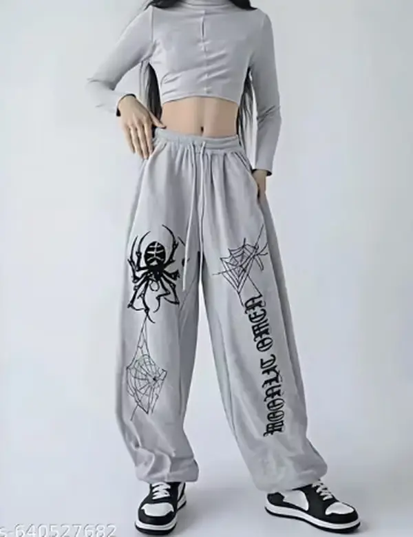 Spider Web Print Sweatpants, Grey, High Waist Baggy Fit, Elastic Drawstring Joggers, Streetwear Loungewear