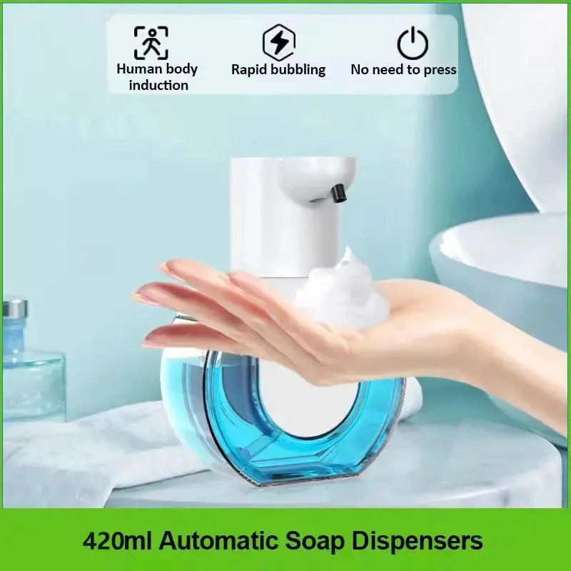 Bathroom Automatic Infrared Sensing Soap Dispenser - 420ML Waterproof Leak-Proof Plastic Electric Pump, 4 Foaming Levels Adjustable for Foam/Gels, Compact Countertop or Wall-Mounting, Ideal for Wash Basins, Suitable for Adults, Bath Room, Hospital, Childr
