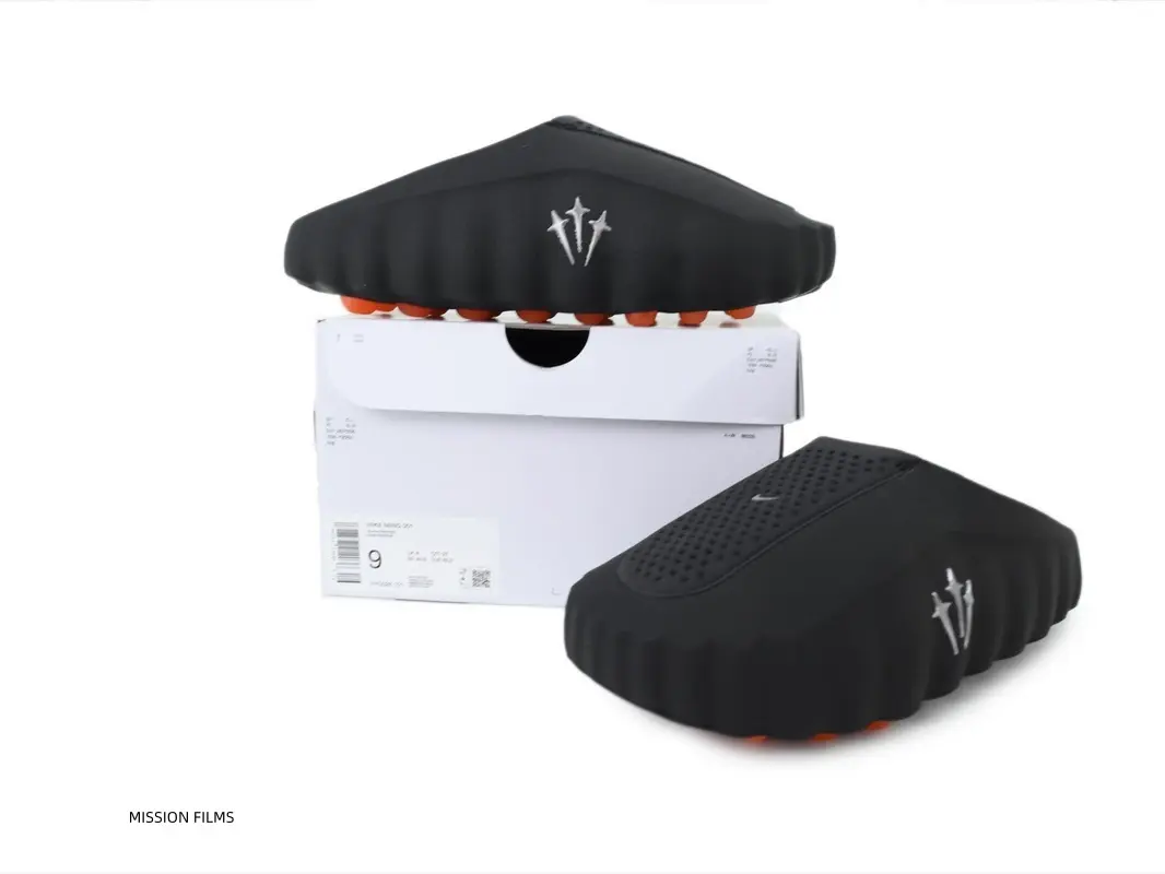 Unisex Black Hollow Perforated Mule Clogs With Trident Logo, Breathable EVA Upper, Chunky Wave Non-Slip Sole With Orange Studs, Slip On Platform Slide Sandals Comes With Gift Box For Home, Beach, Walking & Daily Streetwear