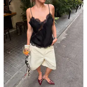 Women Lace Trim Satin Camisole V Neck Spaghetti Strap Backless Asymmetrical Tops Trendy Summer Streetwear