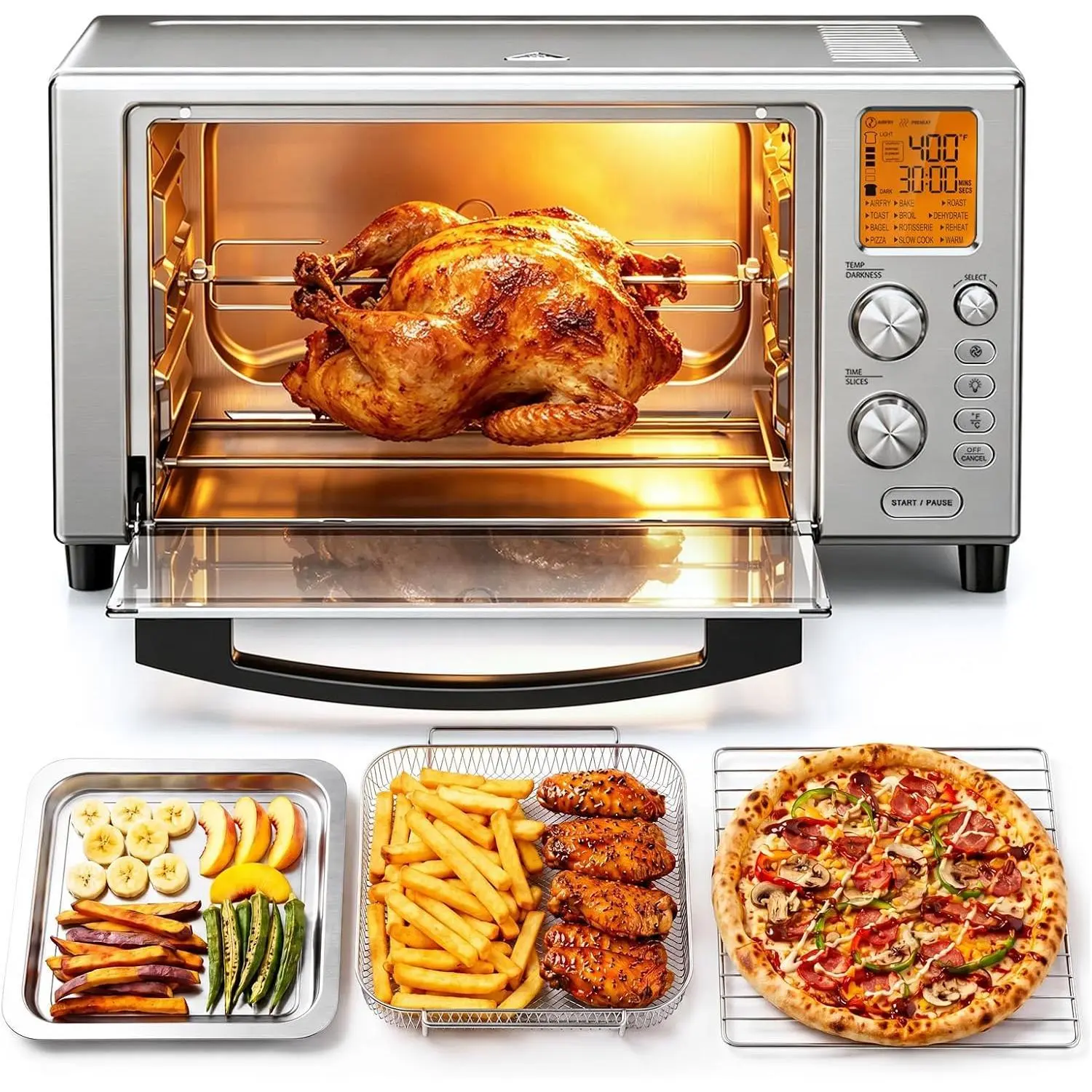 Kismile 20QT/25QT 1500W Countertop Air Fry Oven Combo,12-in-1 Non-Toxic Convection Oven,70°F-450°F Wide Temp,Air Fry/Bake/Roast/Reheat/Broil/Rotisserie,Holds 12" Pizza,PFAS&BPA Free Stainless Steel,Easy Clean,Full Accessories with Baking Pan,60-Min Timer