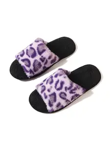 Women's Leopard Print Plush Slippers, Soft Sole Silent Anti-Slip Open-Toe Home Shoes, Indoor Floor Quiet Walking Exclusive, Home Footwear