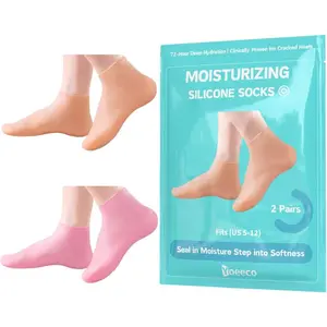 Reusable Silicone Socks for Dry Cracked Feet & Heels - Moisturizing Socks for Women and Men Fits Sizes US5-12 - Lotion Rubber Socks for Overnight Repair & Spa Treatment Beige & Pink