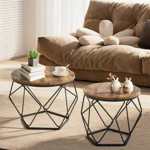 Small Coffee Table Set of 2, Round Side Table with Steel Frame, Nesting End Tables for Living Room, Bedroom & Office, Rustic Brown and Ink Black Finish
