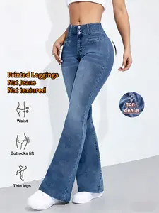 Women's High-Waisted Stretch Printed Jeans, Fake Buttons, No Pockets, All-Season Slim Fit, Sporty Casual, Elastic Micro Flare Flared Long Pants, imitation denim fabric