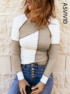 Women's Patchwork Seam Detail  Raglan Sleeve Tee, Casual Long Sleeve Round Neck T-shirt for Spring & Fall, Fashion Women's Top for Daily Wear