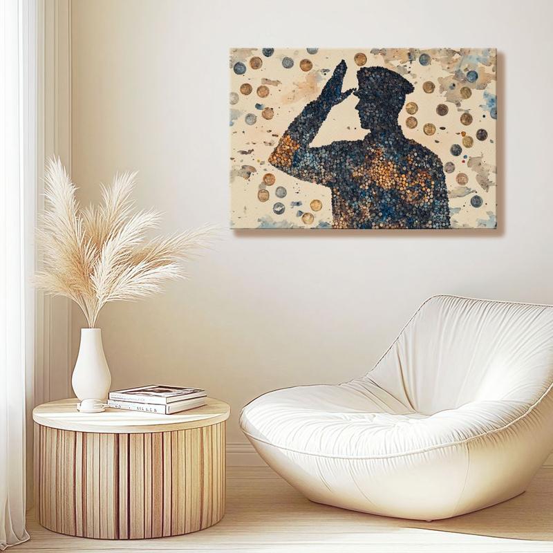 watercolor mosaic composed entirely of tiny painted military medals that form a larger image of a saluting silhouette when viewed from a distance, Wrapped Framed Canvas Wall Art, Vintage Prints Poster - Framed, Horizontal Decor Wood