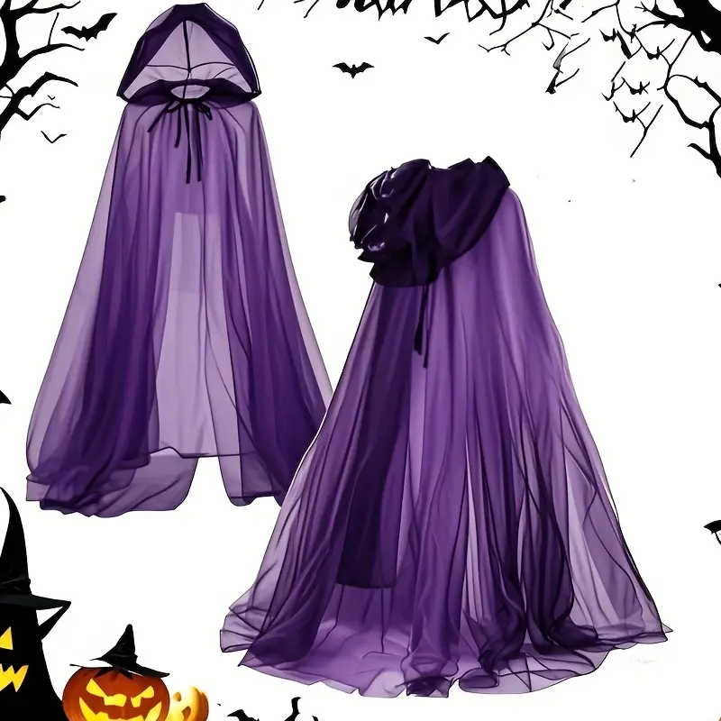 18 Years+ Hooded Sheer Cloak - Full Length Loose-Fitting Lightweight Polyester Mesh Adult Halloween Costume with Adjustable Hood, Back Bow Tie | Fashion & Clothes Accessories, Long, Tie Back