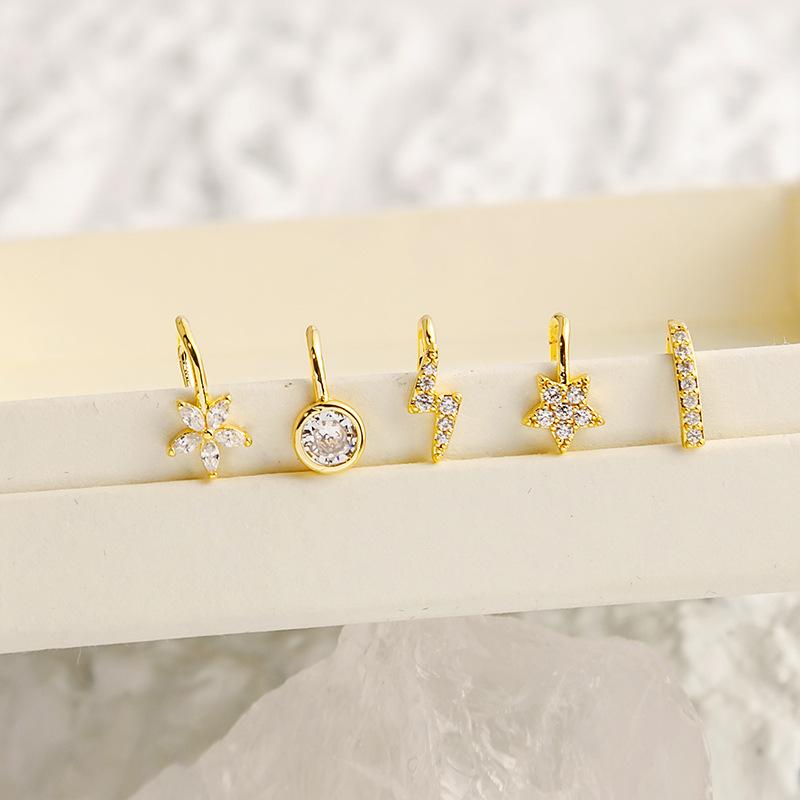 Nose accessory with non perforated U-shaped nose clip and micro inlaid zircon heart lightning crown nose nail made of copper material, easy to wear