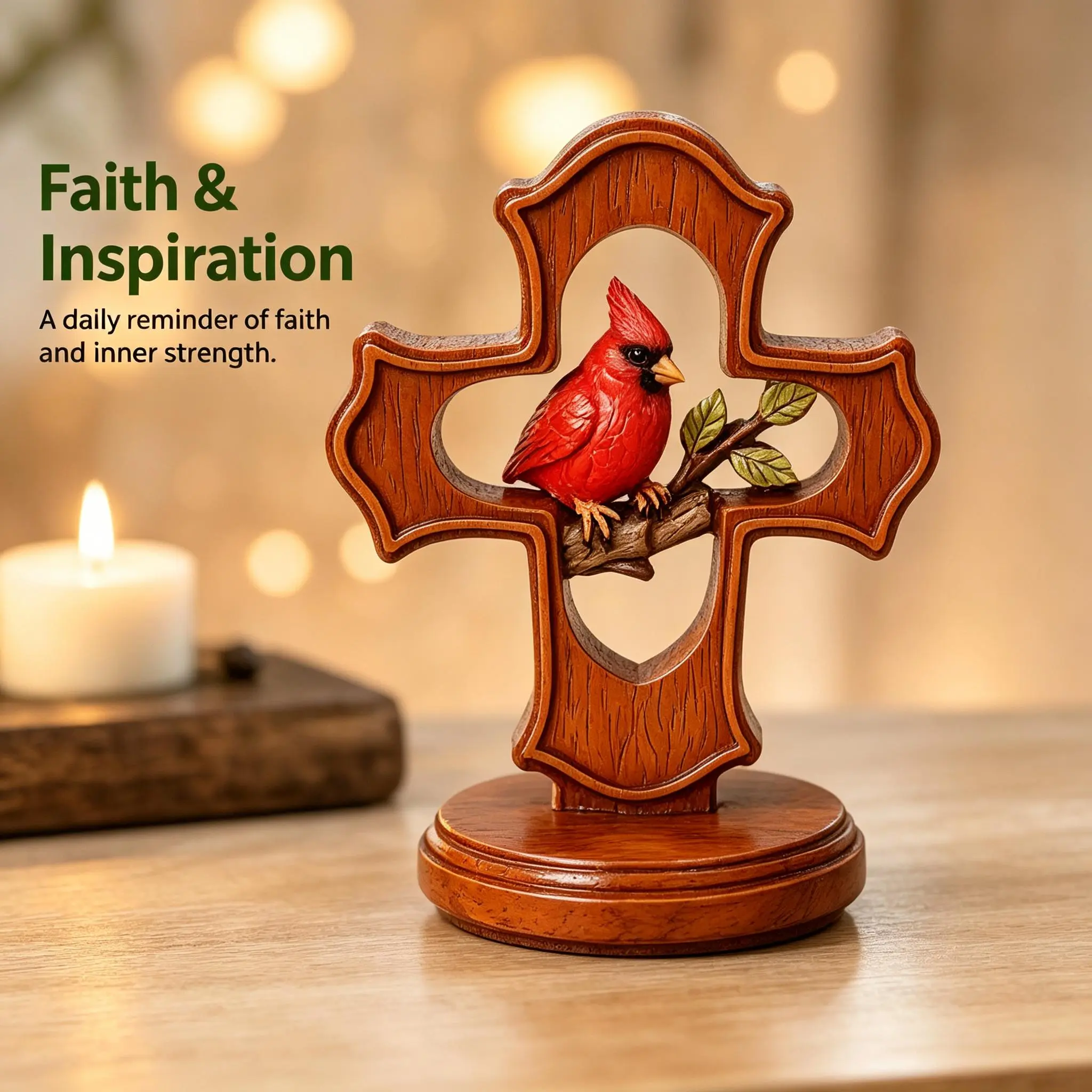 Red Cardinal Wooden Textured Cross Tabletop Figurine - Resin Hand-Painted Religious Faith Remembrance Decor, Christian Bereavement Sympathy Gift for Home Office Altar Decorative Ornaments