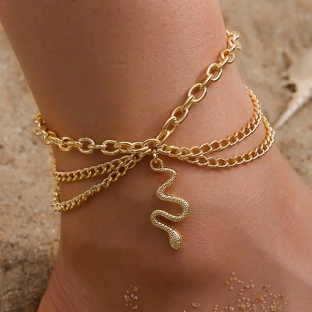 Golden cross chain tassel snake shape anklet three-layer anklet birthday gift