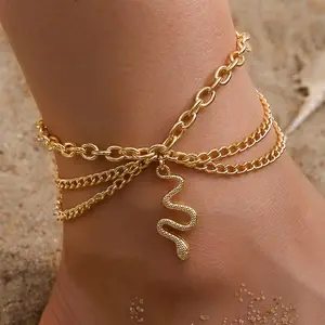 Golden cross chain tassel snake shape anklet three-layer anklet birthday gift
