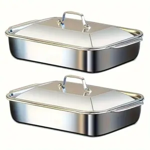 Stainless Steel Baking Pan with Lid, 2 Counts Non-stick Rectangular Baking Tray, Suitable for Baking Mold for Cake, Bread and Seafood & Perfect for Barbecue, Buffet and Holiday