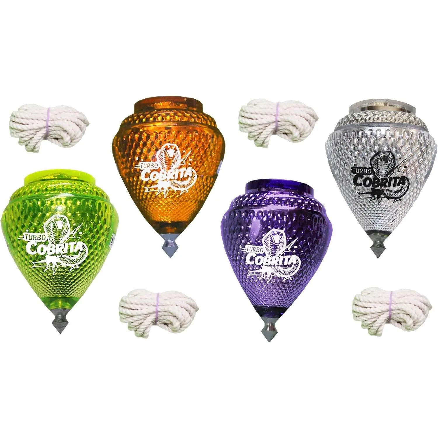 4 Pack Mini Cobra Durable Plastic Spin Tops & Metal Tip Made in Mexico - Trompo Mexicano COBRITA Plástico Durable & Punta de Metal (Pack of 4 Assorted Colors)