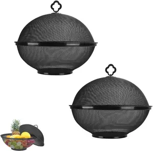 Metal Mesh Fruit Bowl with Lid & Basket - Fruit Fly Proof Kitchen Counter Storage for Fruits & Veggies (Black/2Pcs) xiexiao