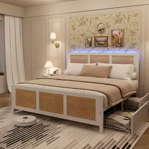 Rattan Queen Bed Frame with LED Headboard (7 Colors),Boho Cane Platform Bed with 4 Large Drawers,Strong Metal Slats Support,Noise Free,No Box Spring Needed,Easy Assembly,White