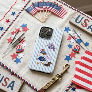 4th of July Phone Case, Patriotic Duck Dachshund Pro Cover, Independence Day Stripes Fireworks Tough Case