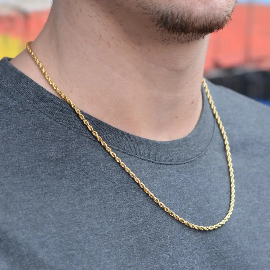 3mm twist necklace, 18K gold plated men's and women's necklace, men's hip hop necklace 18, 20, 22, 24 inches