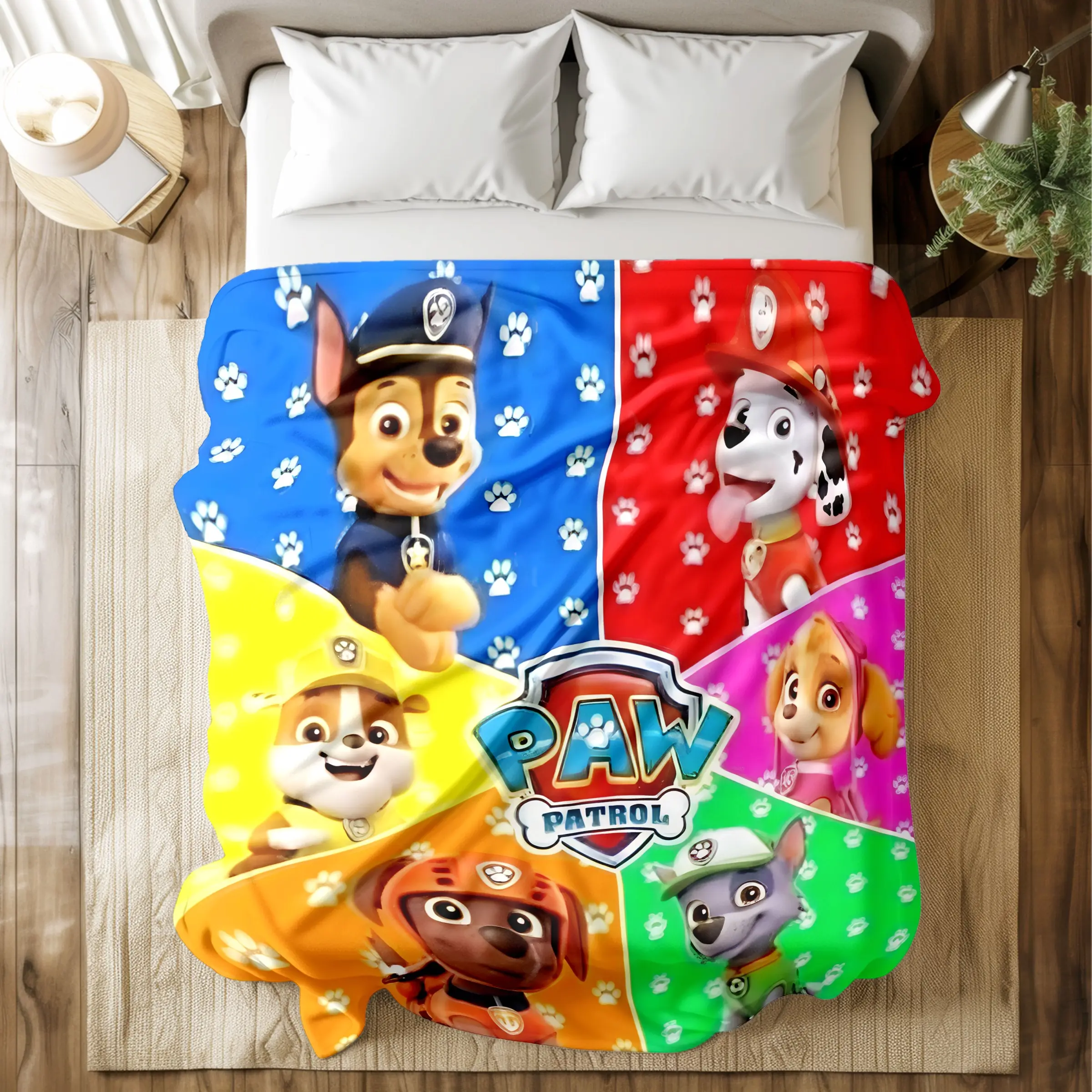 "Paw Patrol" printed flannel blankets with character collage and paw print details. Ultra-soft, durable, quick-dry, machine washable. Multiple sizes for bed, sofa, travel, camping, or kids' naps. Perfect gift for cartoon fans and children.