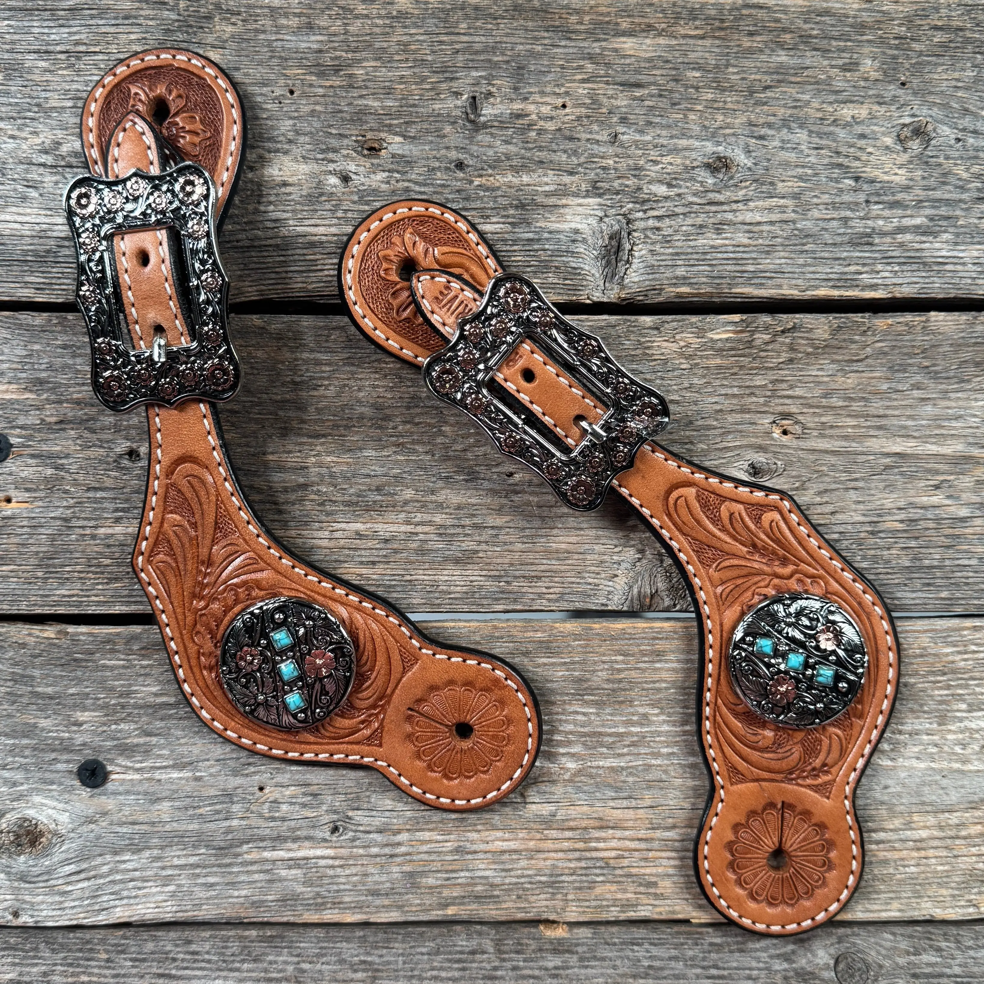 Light Oil Floral Spur Straps | Antique Silver and Copper Conchos #SS145