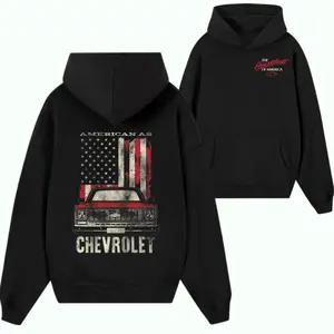 Chevrolet “American Classic” Hoodie – Black Vintage Truck Graphic Sweatshirt with USA Flag Design, Retro Car Lover Pullover