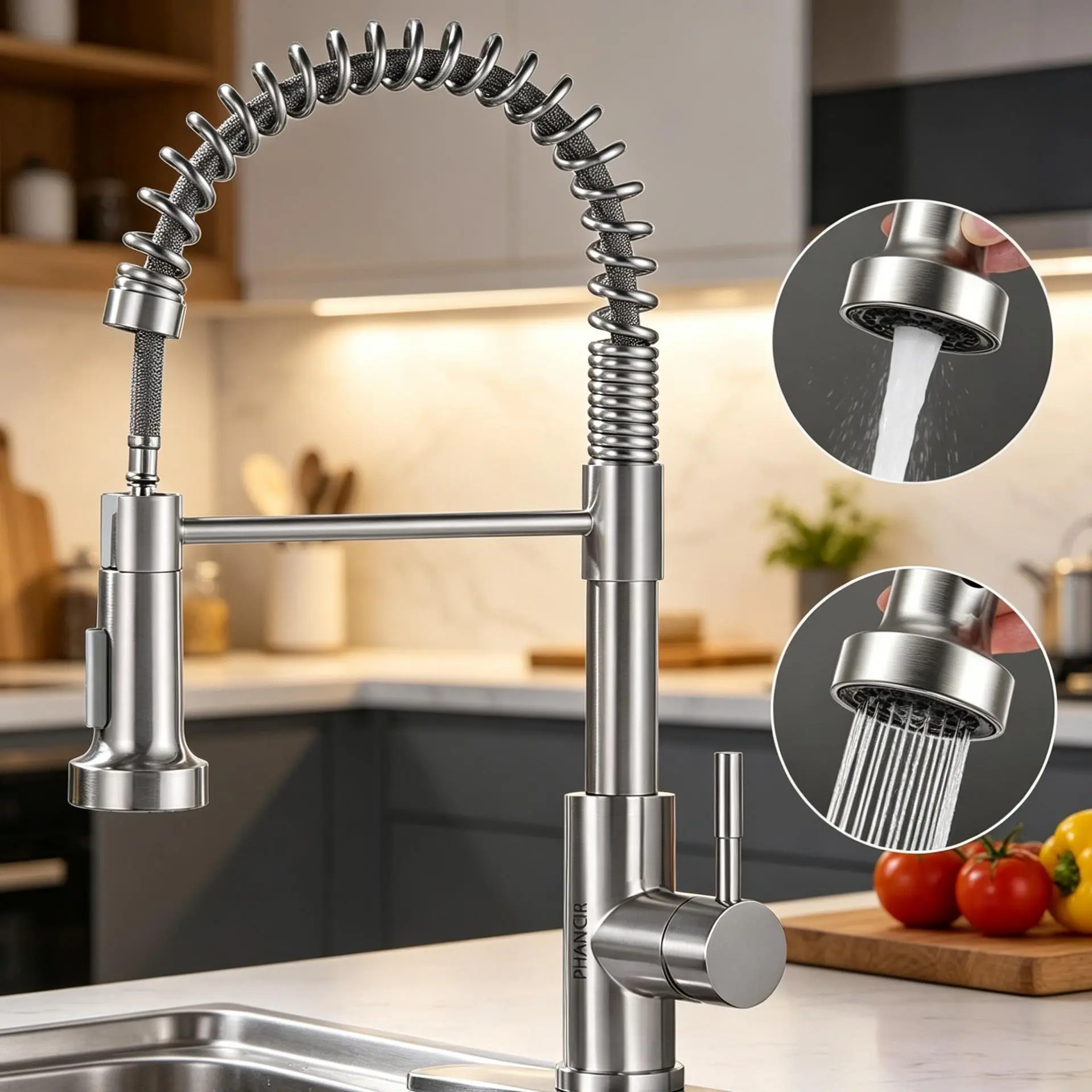 Brushed Nickel Kitchen Faucet with Pull Down Sprayer, Modern Single Handle Sink Faucet, Compact Design, Fits 1 or 3 Hole Installation