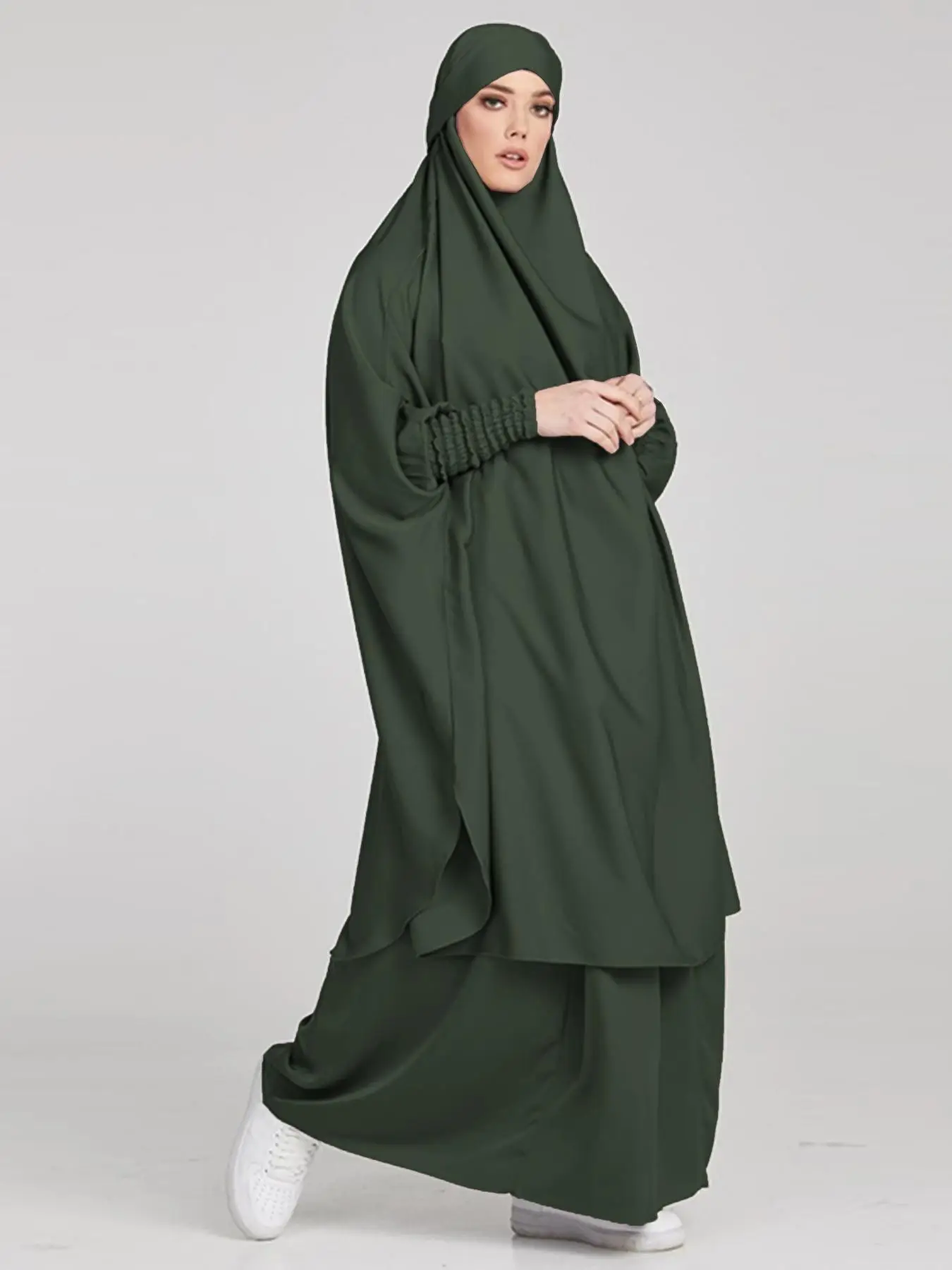 Arabic Clothing- Solid Shirred Knot Hooded Abaya & Drawstring Long Dress Set, Modest Batwing Sleeve Loose-fitting Long Abaya & Elastic Waist Long Dres