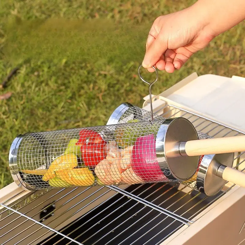 Round Barbecue Grill Basket Set, Stainless Steel Rolling BBQ Cage, Wire Mesh Cylinder Grilling Rack, Portable Outdoor Camping Essential Tool, Barbecue Utensils, Barbecue Accessories, Grill Accessories For Outdoor Grill