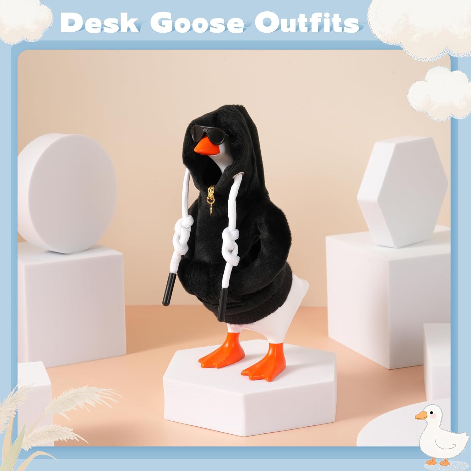 7Inch Desk Goose Outfits Mini Desktop Goose Clothes and Accessories Set Hoodie Sunglasses Necklace for Magnetic Goose Key Holder Home Decor and Housewarming Gift