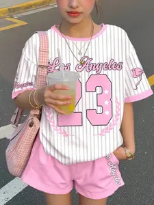 Spring Summer Girls Fashion Casual Set, Sporty Style Letter Stripe Pattern, New Round Neck Design Short Sleeve Printed T-Shirt and Shorts Set All Season Wear