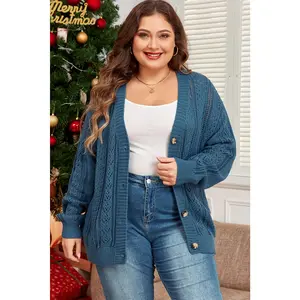 Real Teal Open Knit V Neck Button Front Drop Shoulder Plus Size Cardigan