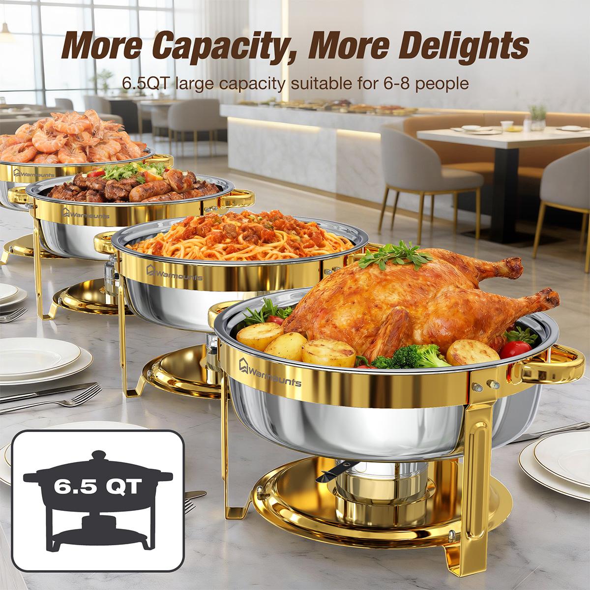 WARMOUNTS 6.5QT Gold Chafing Dishes for Buffet with Glass Lid , Round Chafers and Buffet Warmers Set with Mirror-Polished Stainless Steel, Rolled Rim, Stackable, Lid Holder for Parties, Weddings (2/4/6 Pack）
