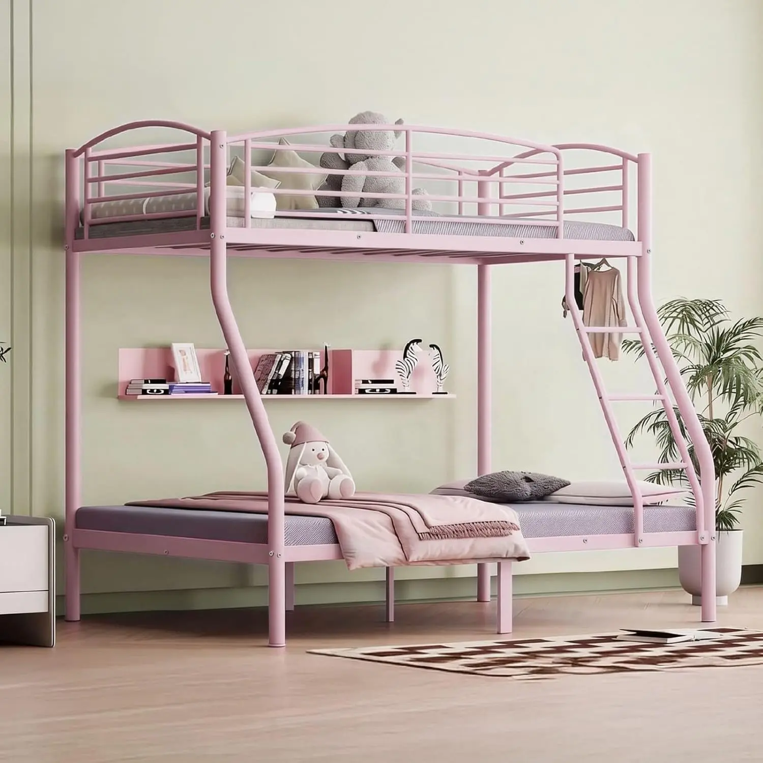 Twin Over Full Bunk Bed – Heavy Duty Metal Space-Saving Bunk Bed with Ladder & Guardrail, Smooth Rounded Edges, Ideal for Dorms, Small Bedrooms, Kids Rooms – Pink/White/Black(2 Packages)