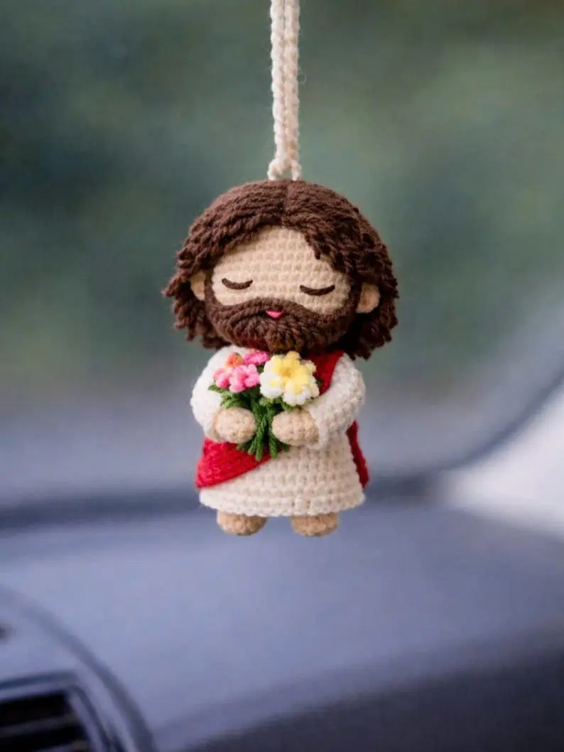 Crochet Jesus Car Charm, Amigurumi Religious Ornament, Christian Rearview Mirror Decor, Handmade Faith Gift