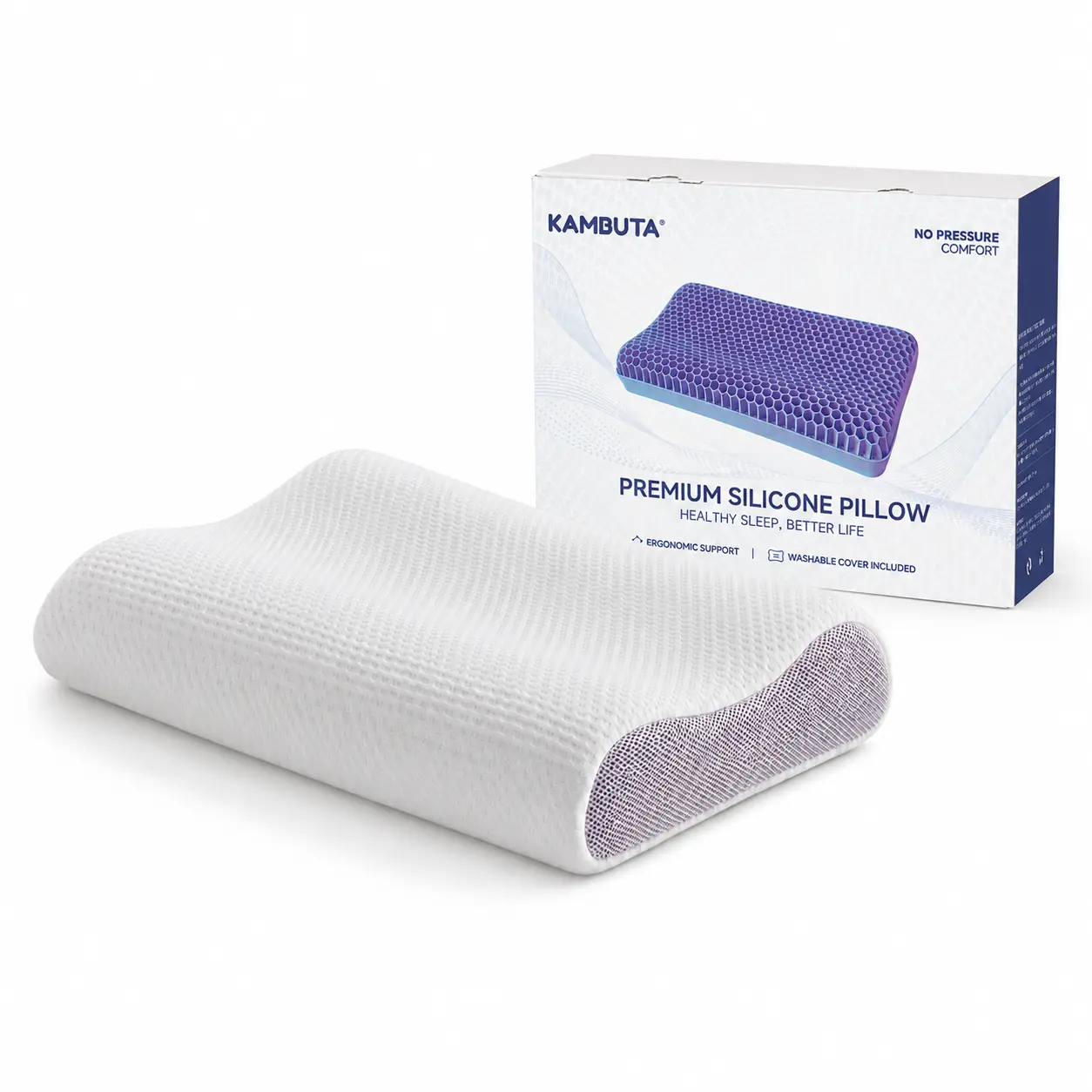 KAMBUTA Premium Silicone Pillow, Ergonomic Contour Cervical Pillow for Neck Pain Relief, Breathable Cooling Honeycomb Grid Pillow with Washable Zipper Cover for Side, Back and Stomach Sleepers