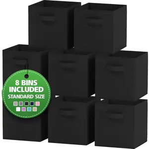 Set of 8 Foldable Fabric Storage Cube Bins |   Collapsible Cloth Organizer Baskets Containers |   Folding Nursery Closet Drawer |   Features Dual Handles |   Beautiful Colors Available (Black)