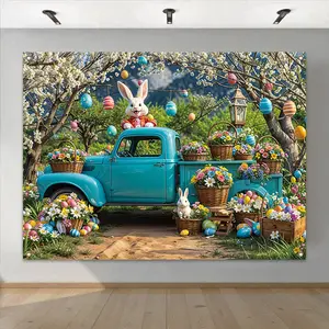 Easter Themed Background Banner, 1 Count Truck & Easter Eggs Pattern Backdrop, Party Decoration Banner for Home Living Room Bedroom
