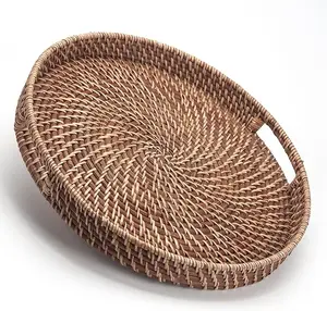 Round Rattan Woven Serving Tray with Handles Ottoman Tray for Breakfast, Drinks, Snacks for Coffee Table, Home Decorative, Honey Brown