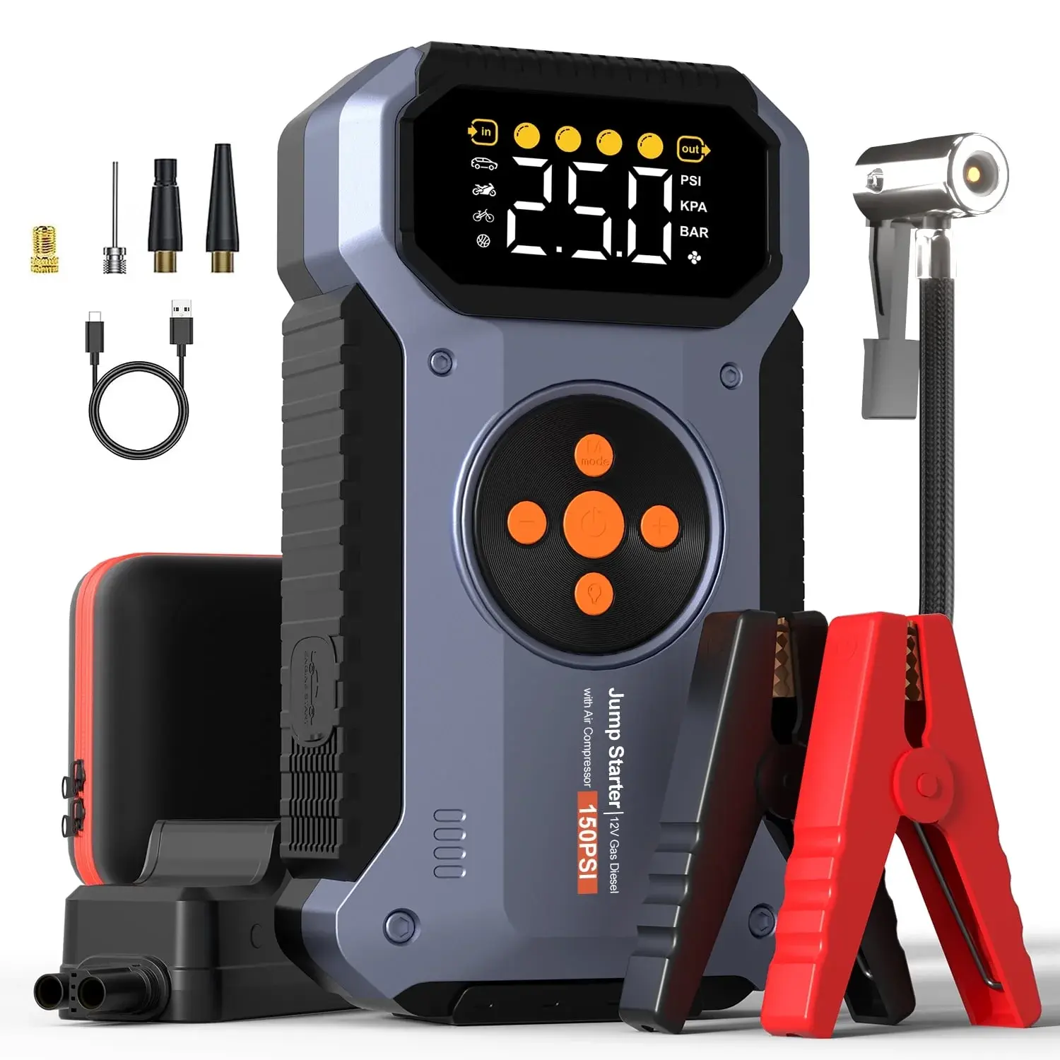Geeneu 7000A [ 5 in 1 Function ] Portable Jump Starter with Air Compressor, 12V Car Battery Jump Box (All Gas/10.0L Diesel), 150PSI Tire Inflator, Power Bank with LED Light, battery jump pack