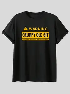 Warning: Grumpy Old Man Print T-Shirt, Funny Satirical Warning Label Short Sleeve, Dad Joke Casual Top, Men's Long Sleeve