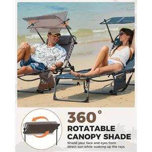 KingCamp Tanning Chair with Face Hole, Lounge Chairs Outdoor Folding Comfy Adjustable 5-Position Foldable Chaise Chaser with Canopy Shade for Outside Beach Patio Sun Bathing, Beige