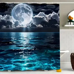 1/4 pcs creative Moonlight shower curtain with a moonlit lake pattern, exquisite shower curtain set, non-slip mat, U-shaped rug, toilet seat cover, perfect for bathroom décor, beautifies the space, includes 12 shower curtain hooks.