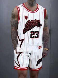 Two-piece Set Men's Basketball Print Short Sleeve Tank Top & Shorts Set, Loose Casual Street Round Neck Top & Shorts, Summer Clothes Set for Men, Athletic Outfits, Jersey