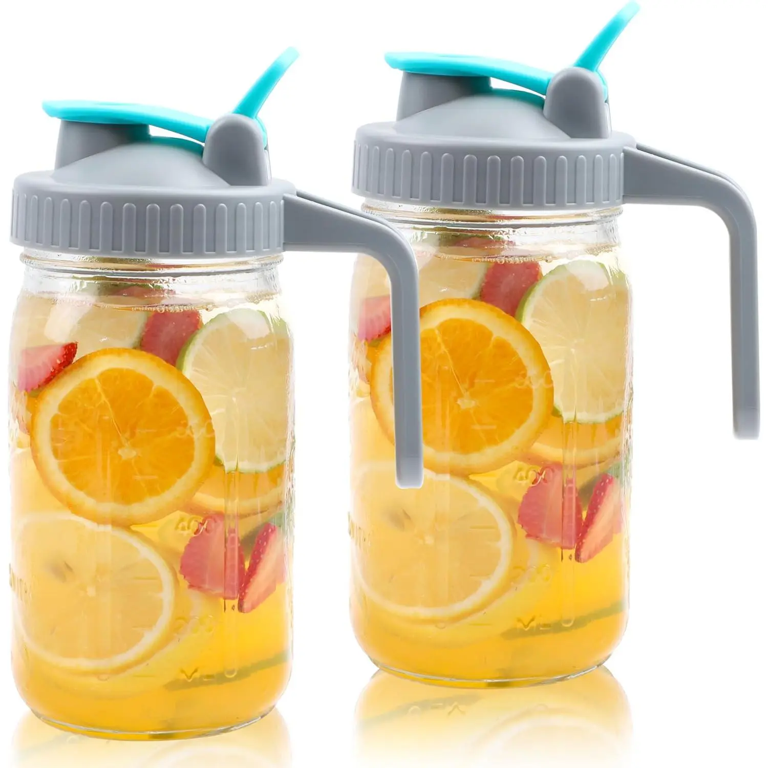 Mason Jar Pitcher Wide Mouth 32 OZ 2 Pack Glass Pitcher With Handle And Pour Spout Lid Airtight And Leakproof Water Jug With Flip Cap For Iced Coffee, Milk, Beverage, Lemonade, Iced