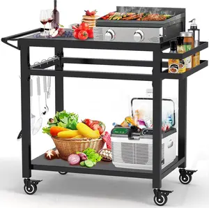 20"x 32" Three-Shelf Movable Outdoor Dining Cart Table, Multifunctional Food Prep Stand, Outdoor Grill Table with Wheels