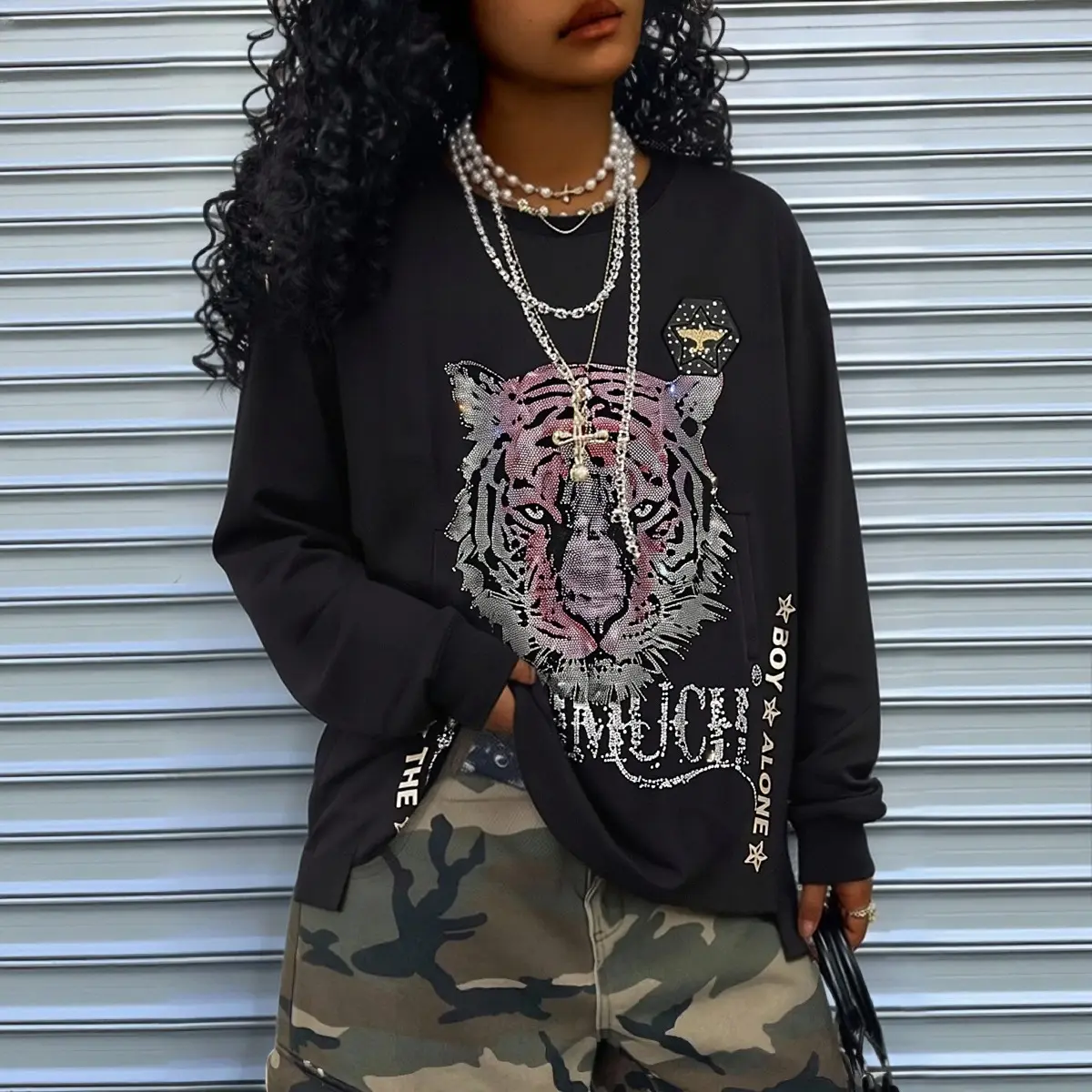 TCH - B - Black Tiger Hot Diamond Suitable for parties, music festivals, streets, printed plus size women's Sweatshirts, spring/summer