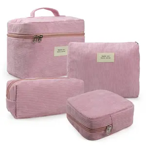 4-Piece Quilted Makeup Bag Set for Women Large Cosmetic Organizer with Top Handles Multi-Pocket Vanity Case Travel Lightweight Portable Toiletry Storage for Travel Work School Dorm Gifts Everyday Use Zipper