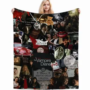 Vampire Themed Collage Flannel Throw Blanket, Ultra Soft Cozy Fleece Blanket with Mystic Falls TV Show Print, All-Season Blanket for Fans, Bedroom & Couch