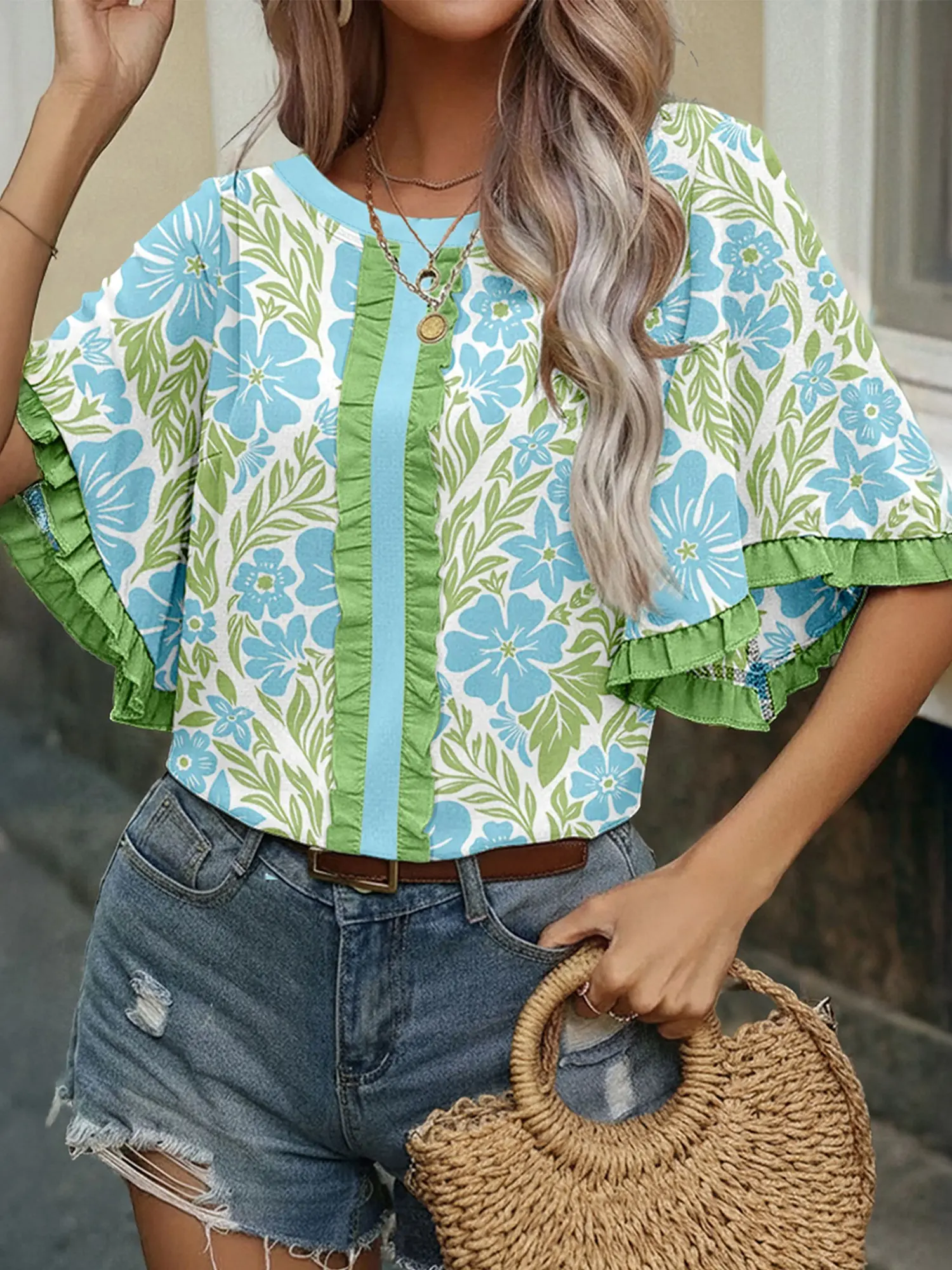 Women's Sky Blue Floral Print Ruffled Half Sleeve Blouse, Viscose Soft Lightweight Breathable Top for All-Day Comfort